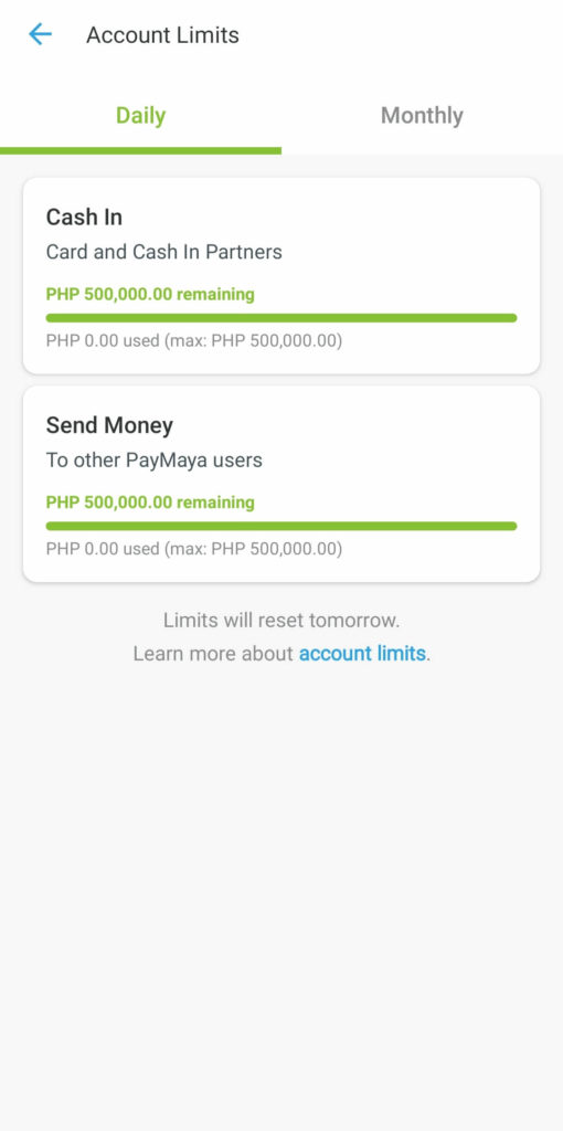 PayMaya daily and monthly limits